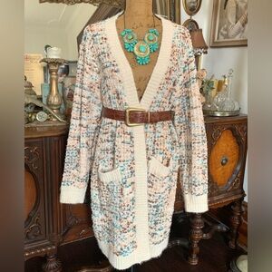 Vintage Boho Soft Tweed Ivory and Soft Pastels Knit Cardigan Sweater